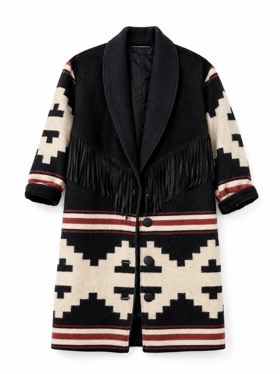 Branded Santa Fe Jackets & Blazers - Vintage Branded Santa Fe Wool Southwestern Blanket Duster Coat Black Suede M